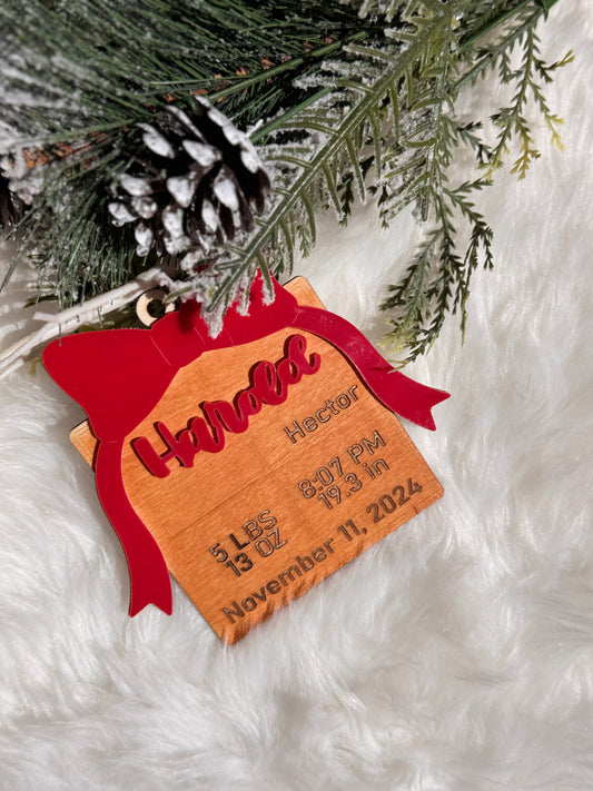 Baby’s First Christmas Present Ornament – Personalized with Name & Birth Details